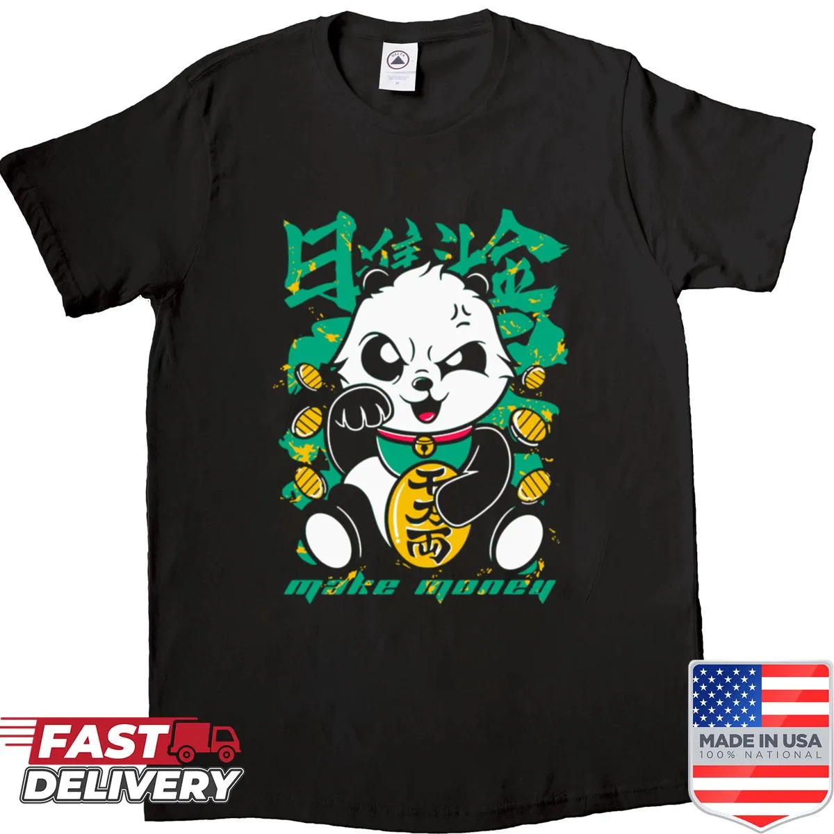 Illustration of an angry panda eating honey on a premium shirt.