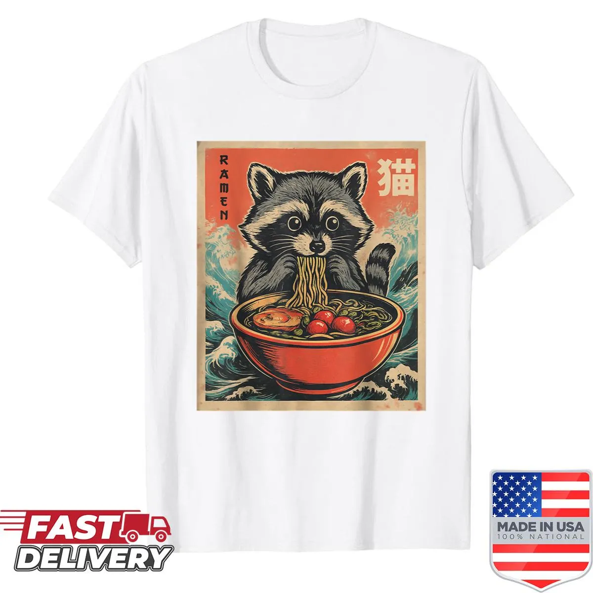 Kawaii T-shirt featuring an anime raccoon enjoying ramen