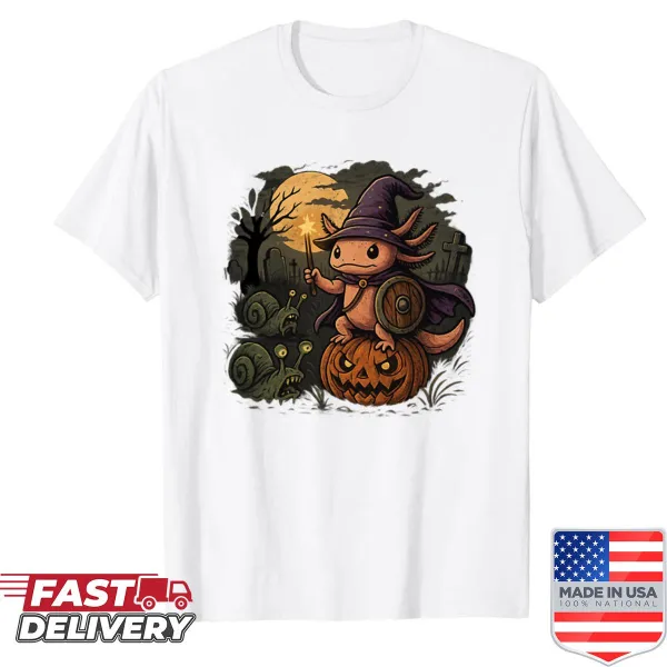 Funny Halloween shirt featuring an axolotl wizard knight and zombie snails
