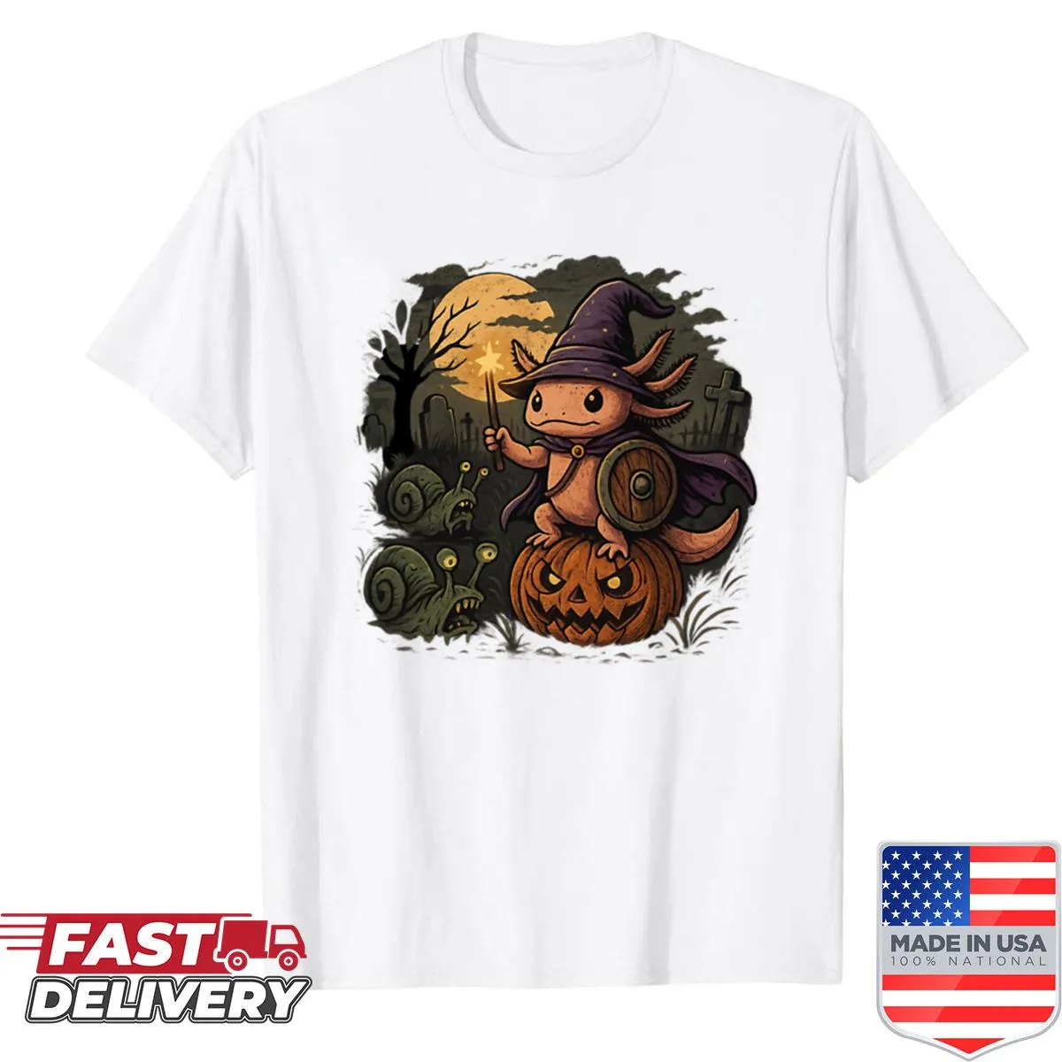 Funny Halloween shirt featuring an axolotl wizard knight and zombie snails
