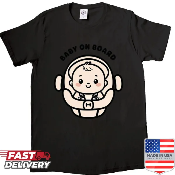Oversized shirt with 'Baby On Board' quote for car travel safety