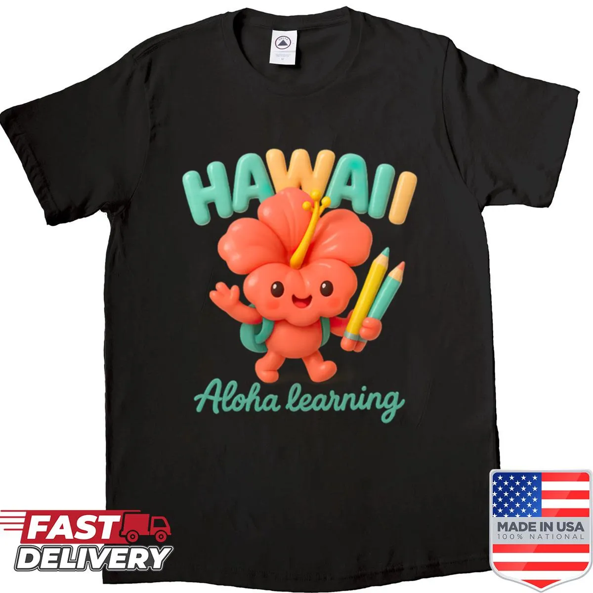 3D Hawaiian-themed back-to-school shirt with playful graphics
