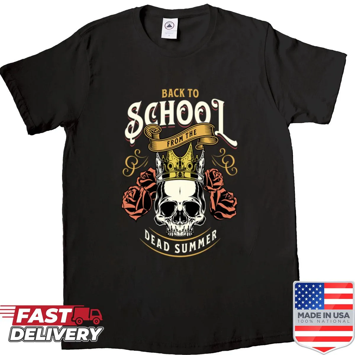 Edgy skull crown design on a back-to-school shirt