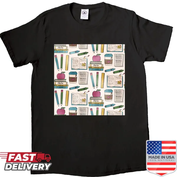 Colorful patterned back-to-school shirt with fun graphics