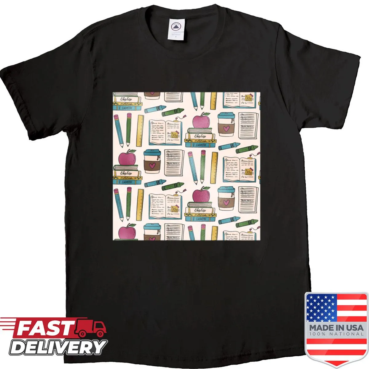 Colorful patterned back-to-school shirt with fun graphics