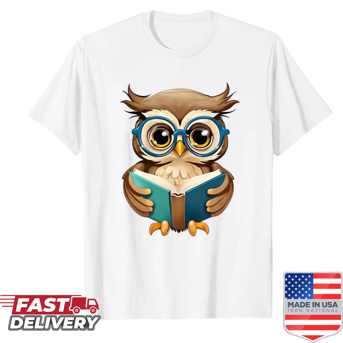 Illustrated shirt featuring a wise owl with glasses and a book