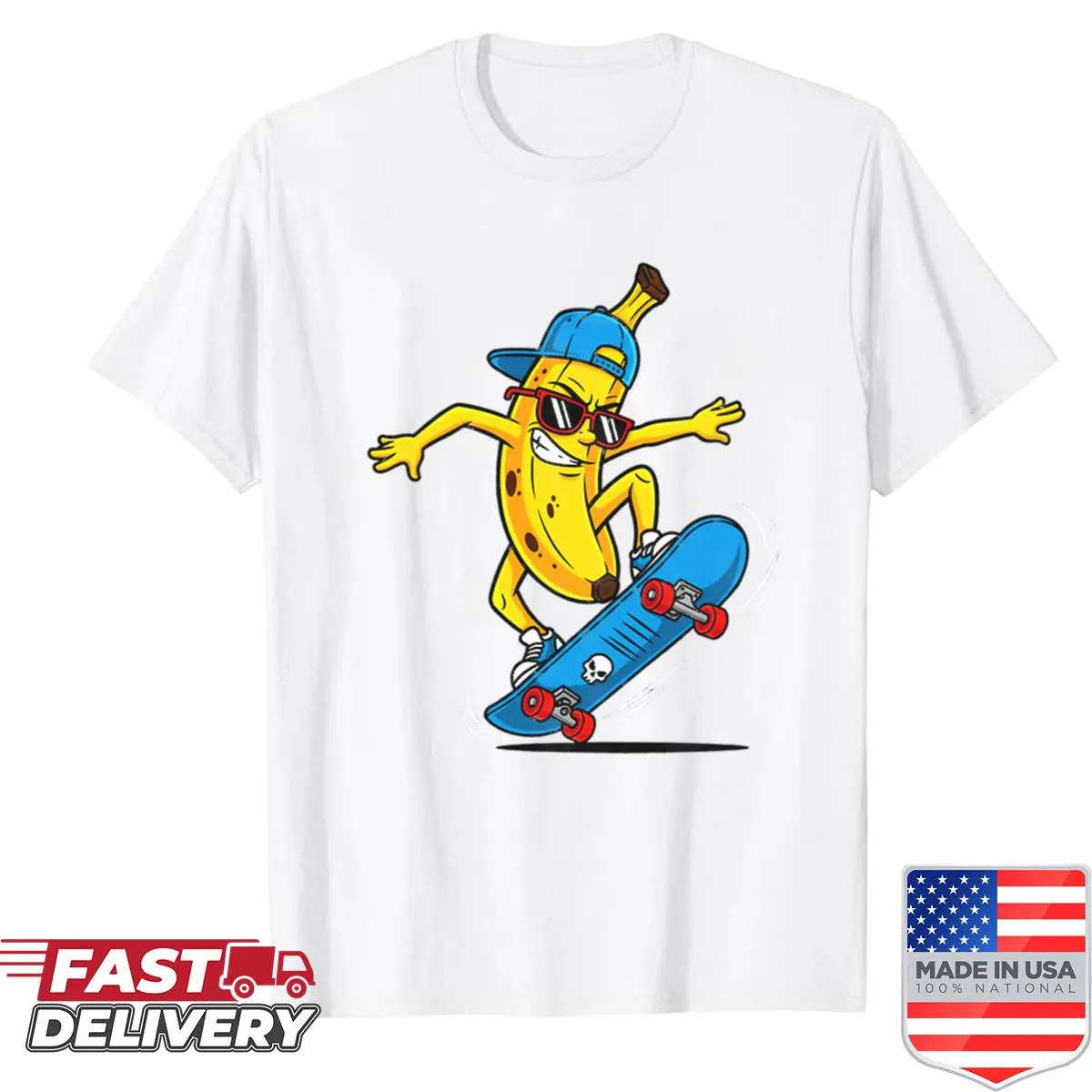 Cartoon banana skateboarding design on playful shirt.