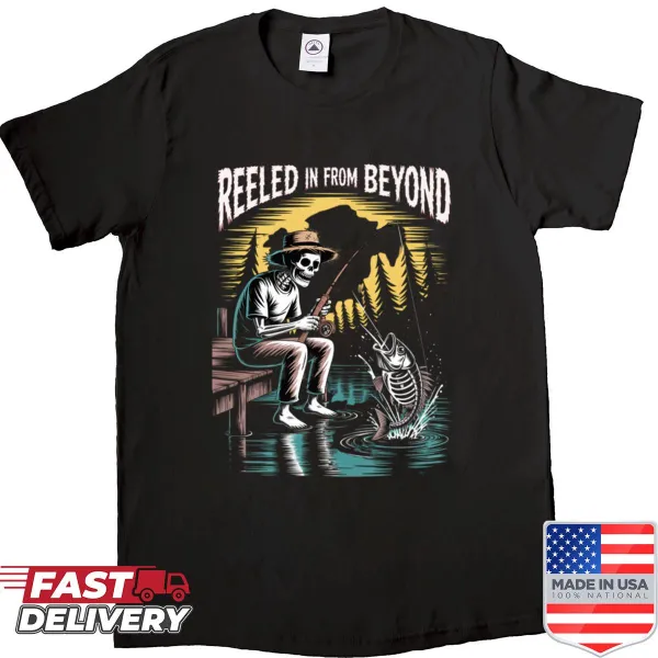 Funny tee shirt featuring fishing and camping humor