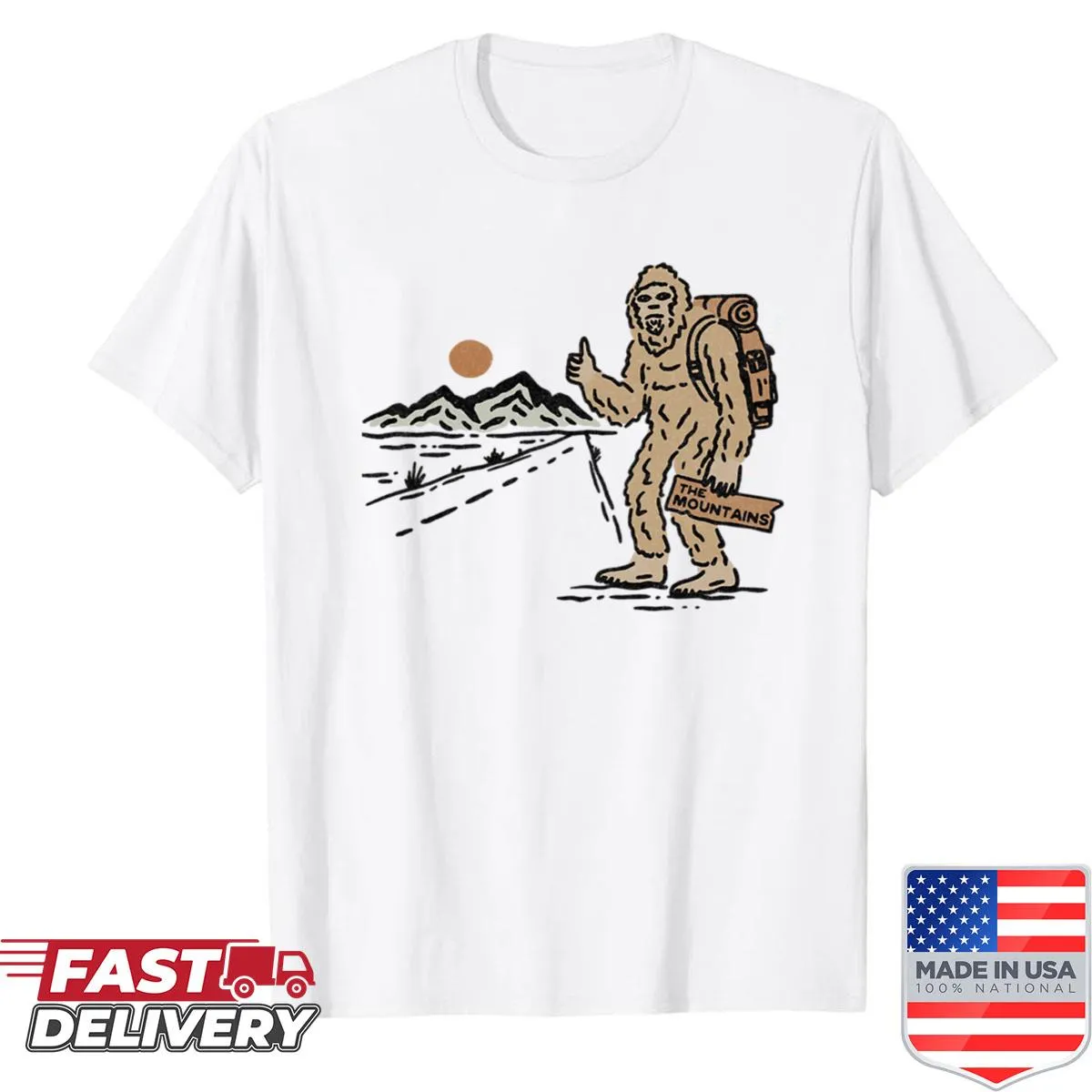 Bigfoot hitchhiking mountains illustrated art shirt