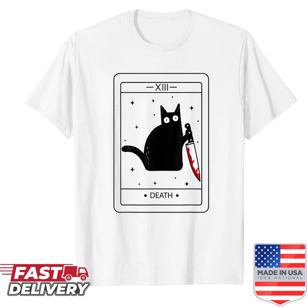 Funny Halloween shirt featuring a black cat and tarot design.