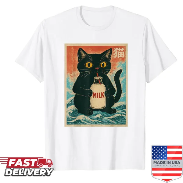 Anime-style black cat on a milk carton graphic t-shirt