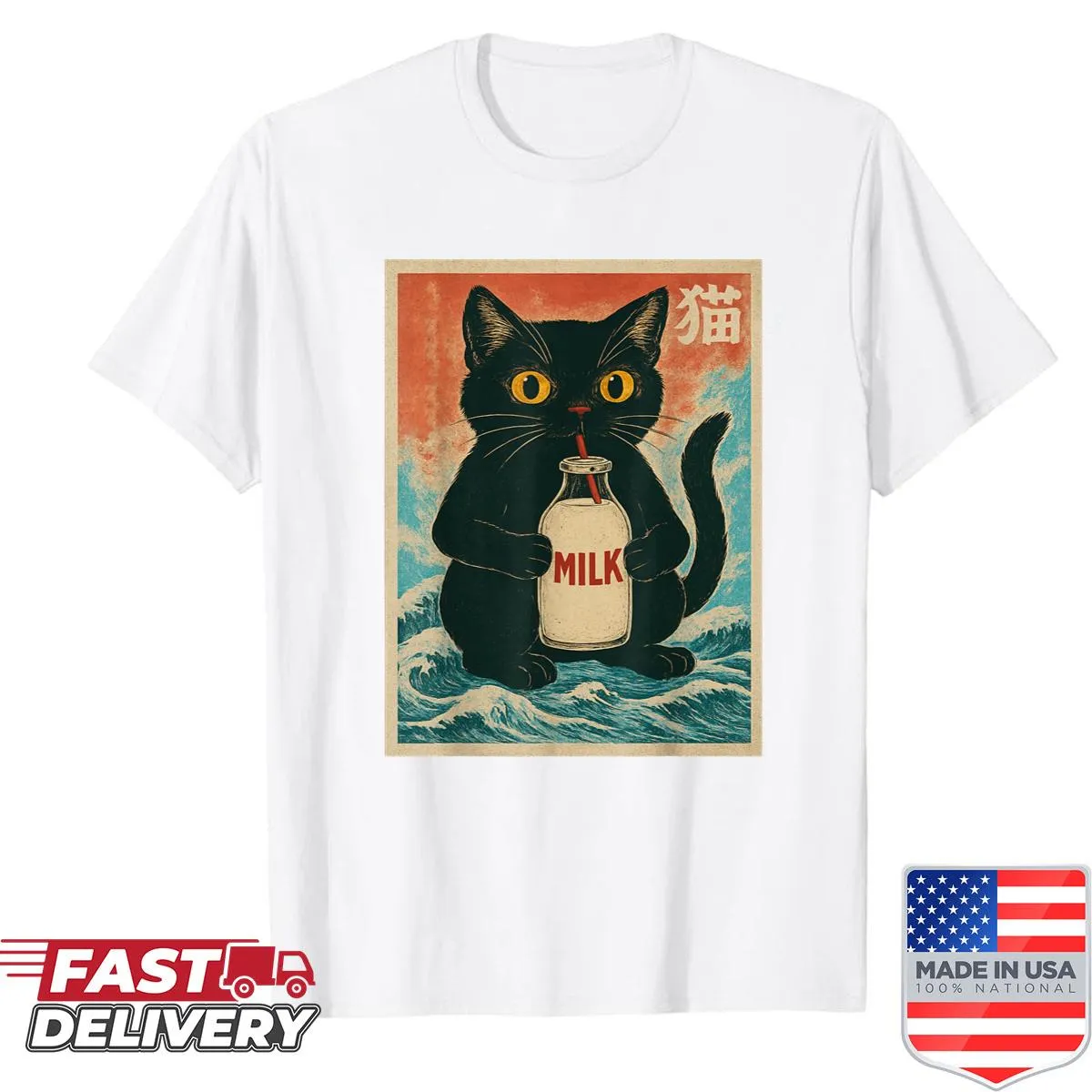 Anime-style black cat on a milk carton graphic t-shirt