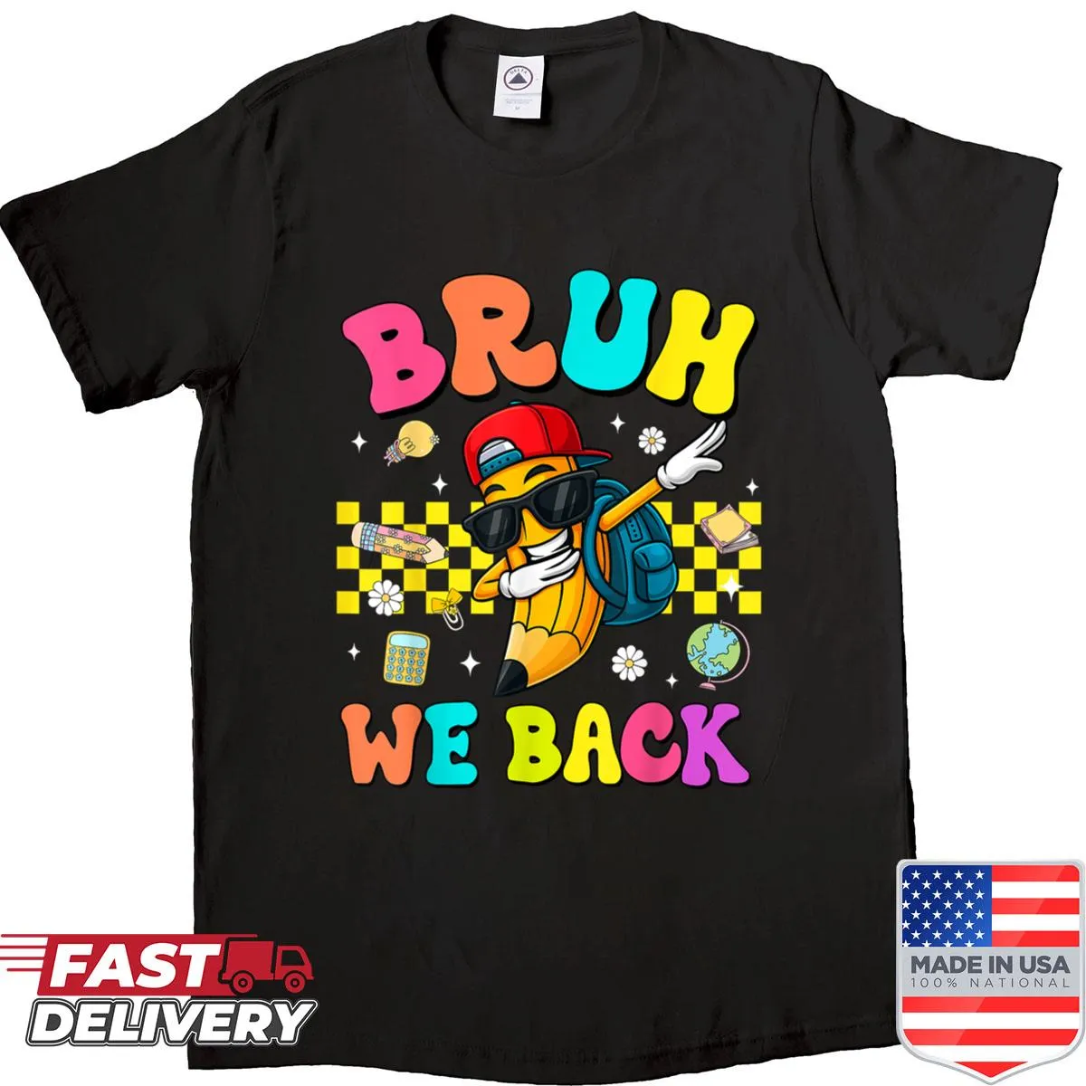 Funny kids shirt with a dabbing pencil graphic and 'Bruh We Back' text