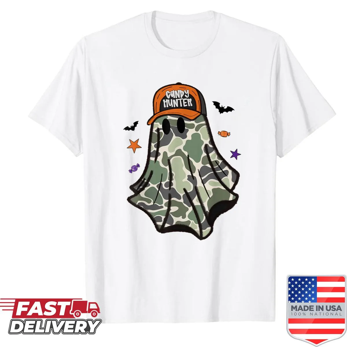 Funny hunting Halloween shirt with camo ghost and candy
