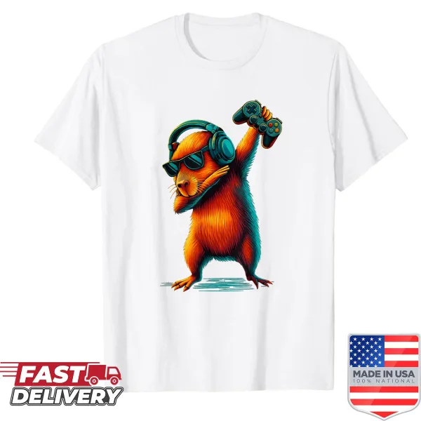 Illustration of a capybara playing video games on a shirt