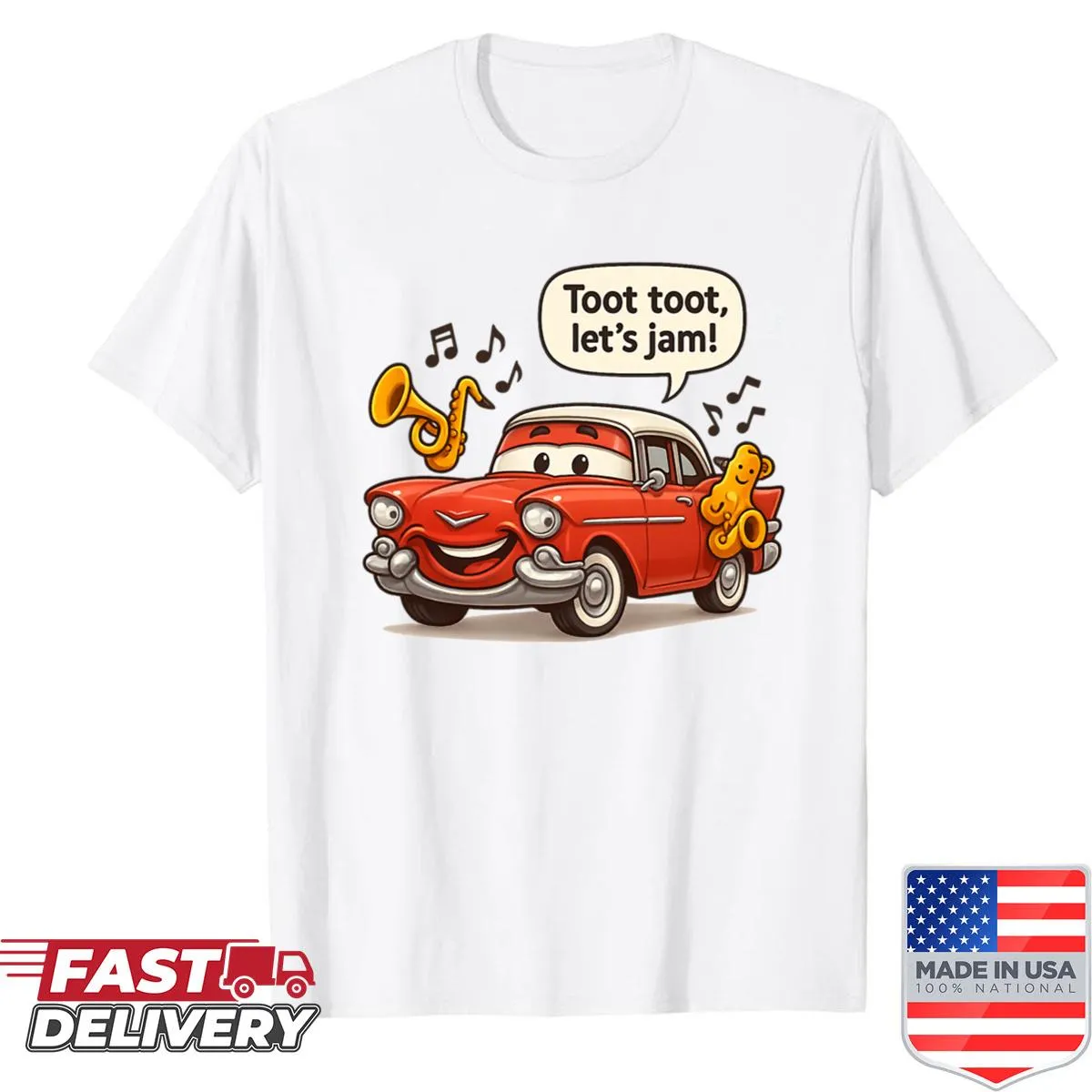 Cartoon Cadillac and saxophone design t-shirt celebrating jazz music