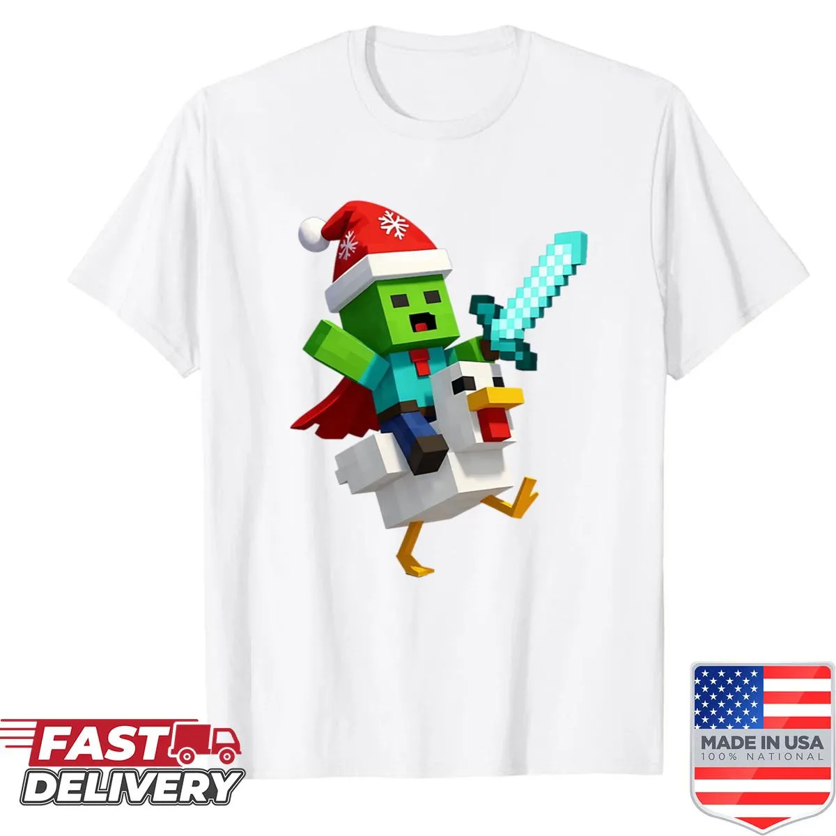Minecraft-themed Christmas shirt with chickens and zombies