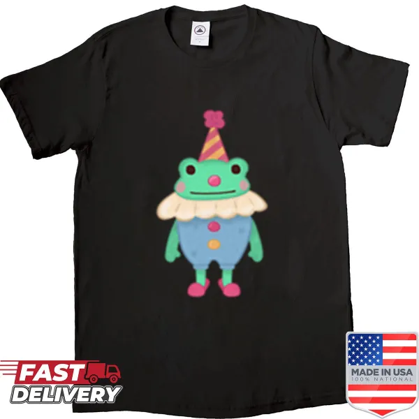 Cartoon clown frog graphic on a fun shirt