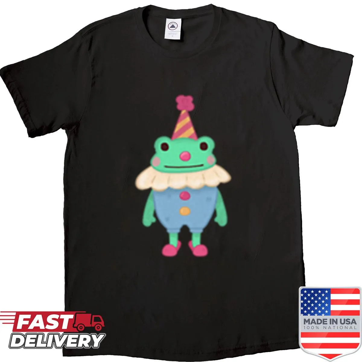 Cartoon clown frog graphic on a fun shirt