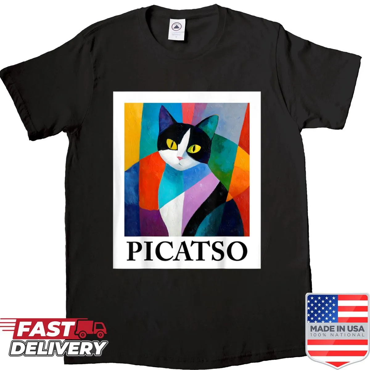 Cubist cat design shirt with abstract artwork