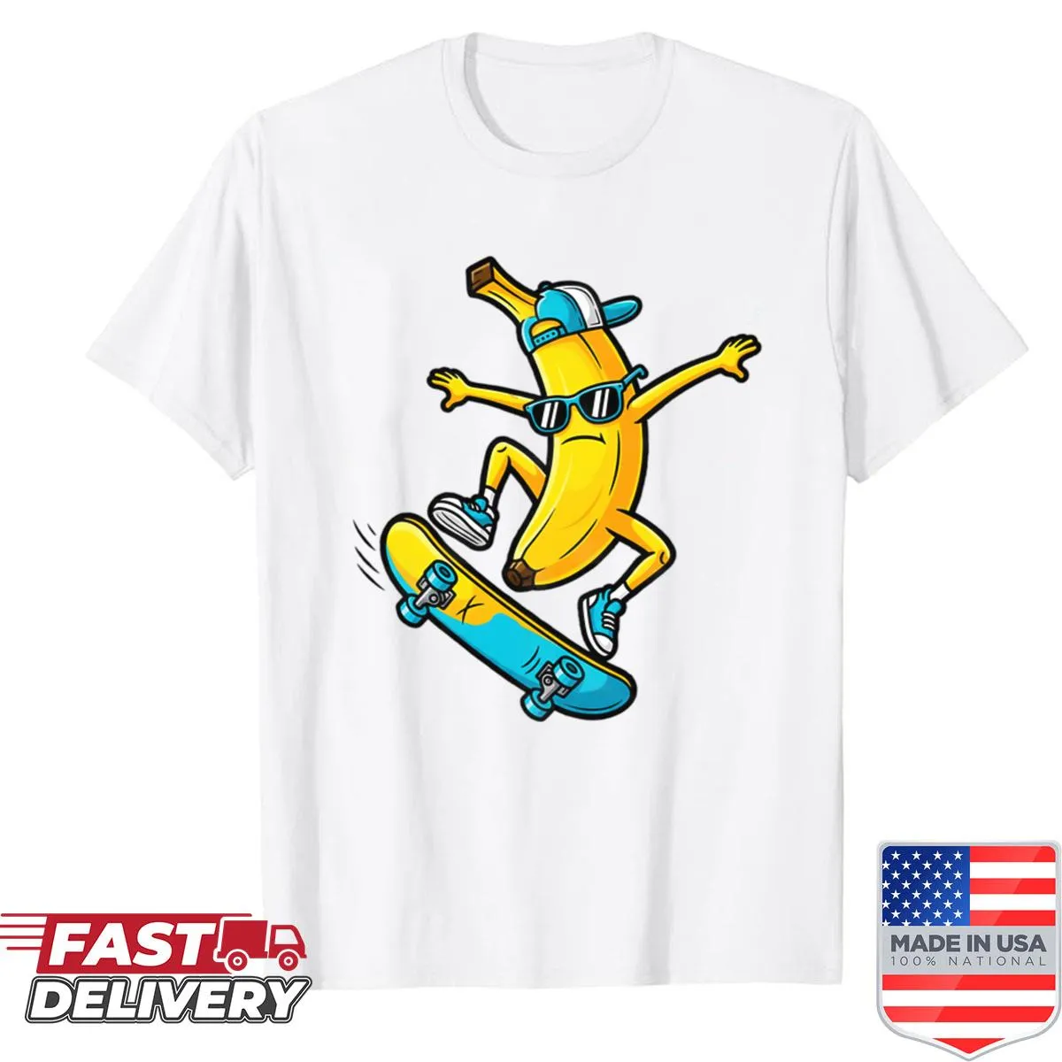Cartoon banana on a skateboard graphic t-shirt