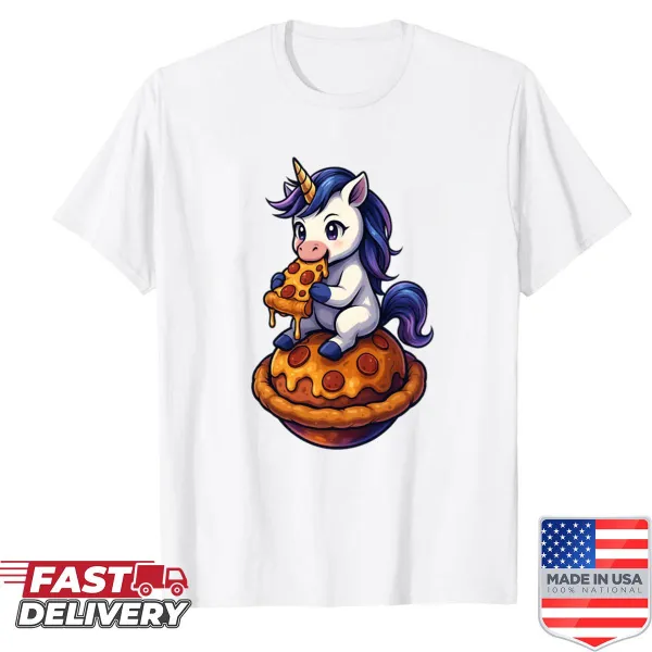 Whimsical shirt featuring a unicorn guarding pizza in a cosmic setting