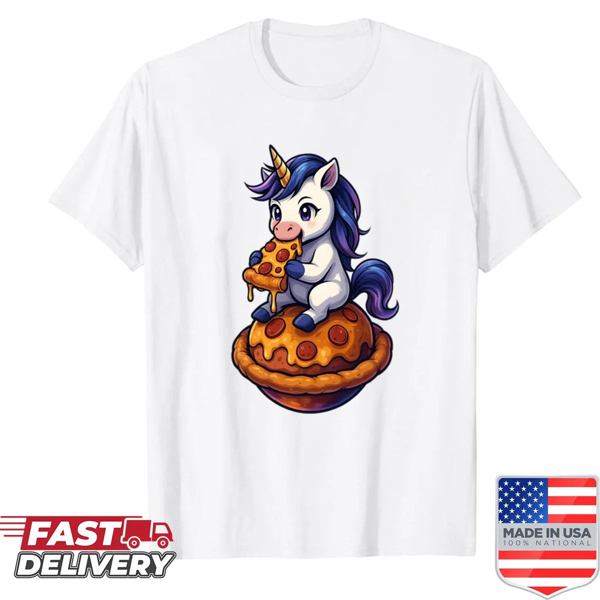 Whimsical shirt featuring a unicorn guarding pizza in a cosmic setting