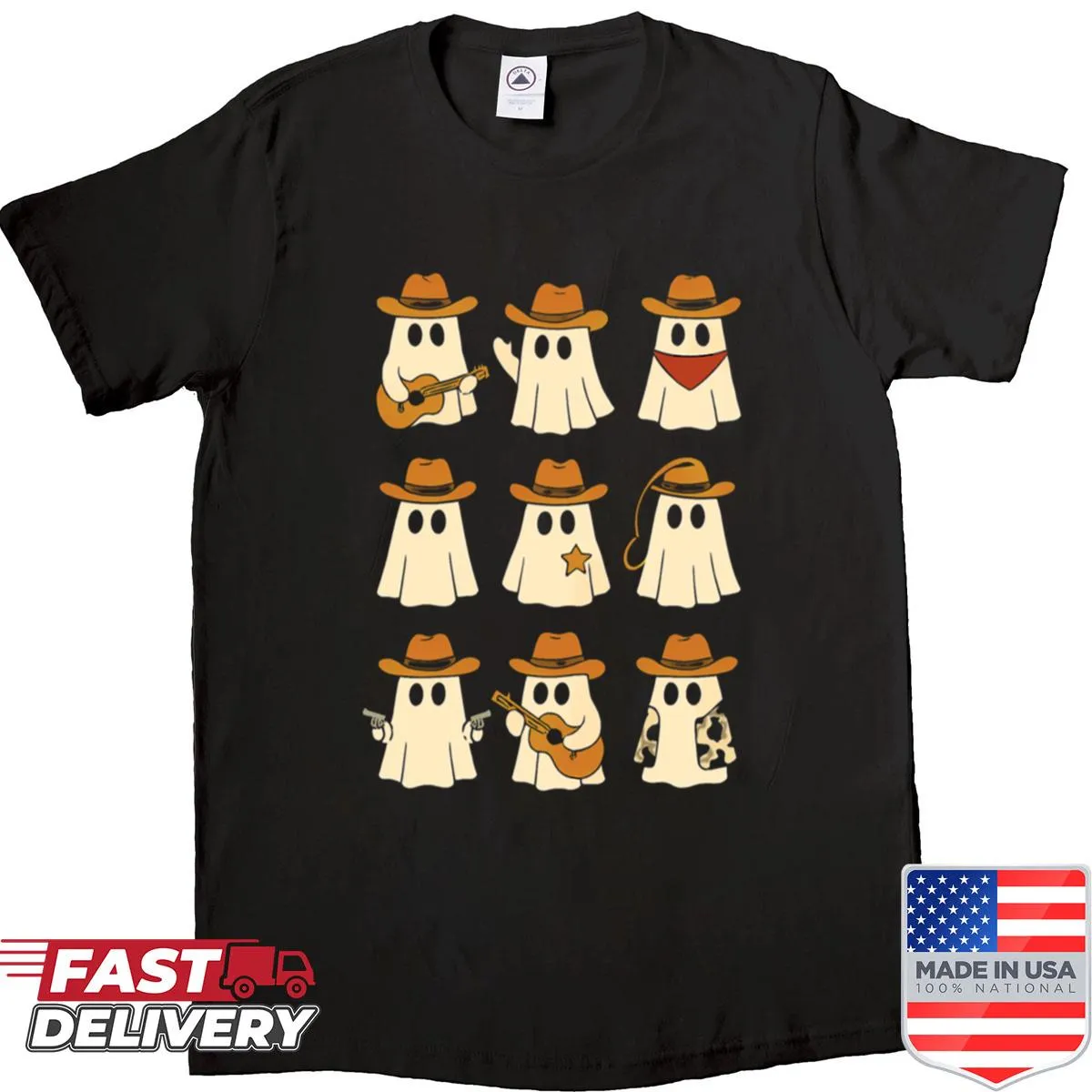 Spooky cowboy ghost illustration on Halloween T-shirt