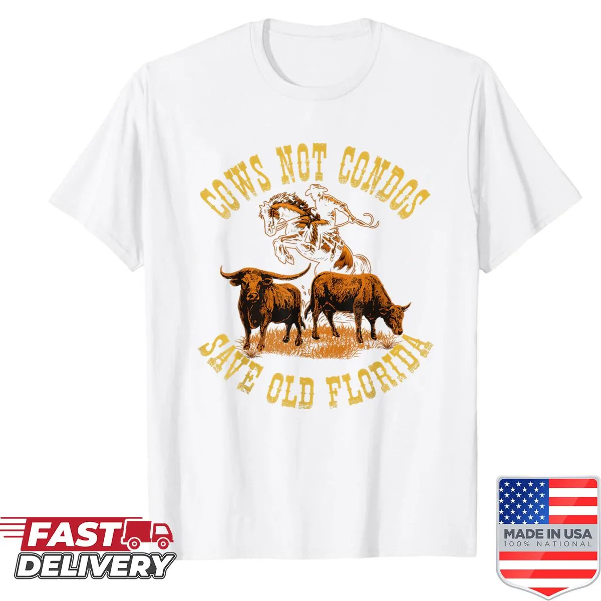 Vintage-style shirt with 'Cows Not Condos' statement