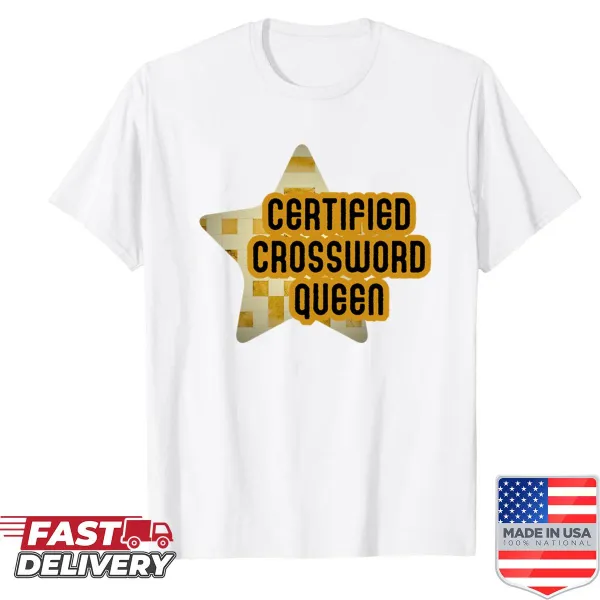 Oversized shirt with a badge design saying 'Crossword Queen' for puzzle lovers.