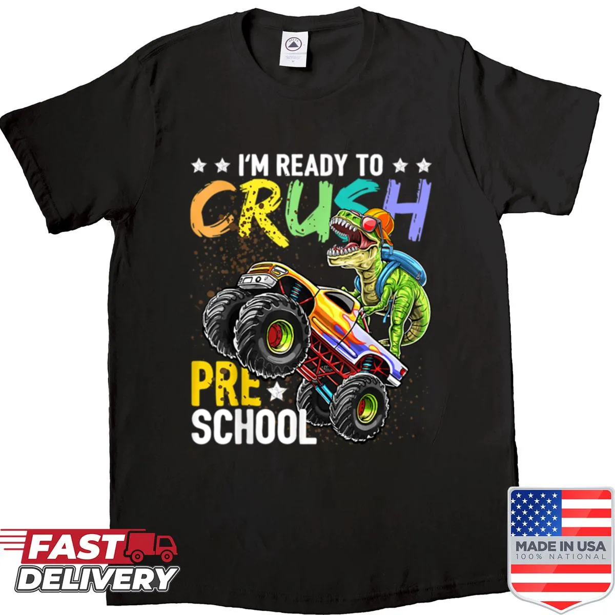 Fun dinosaur and monster truck design on a boys' shirt.