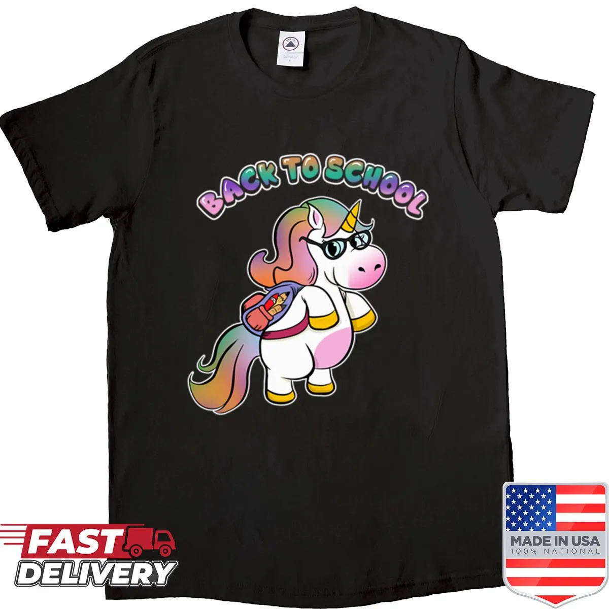 Cute t-shirt for kids featuring a unicorn student with a backpack for back-to-school.