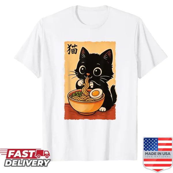 Cute black cat eating ramen in kawaii style on t-shirt