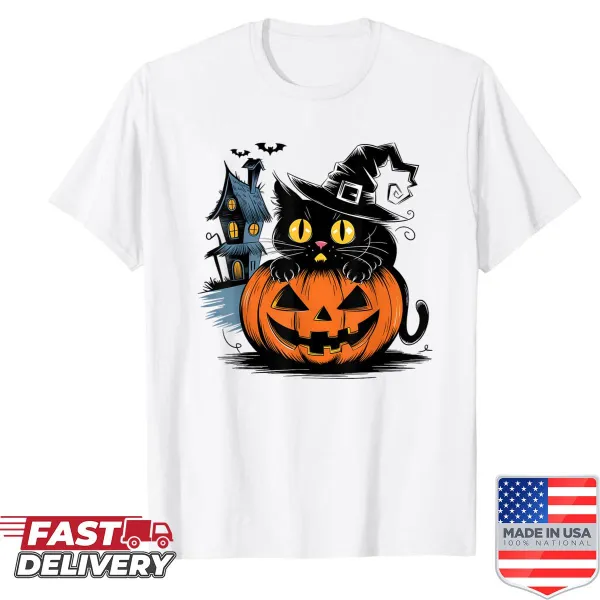 Black cat and pumpkin graphic for Halloween shirt