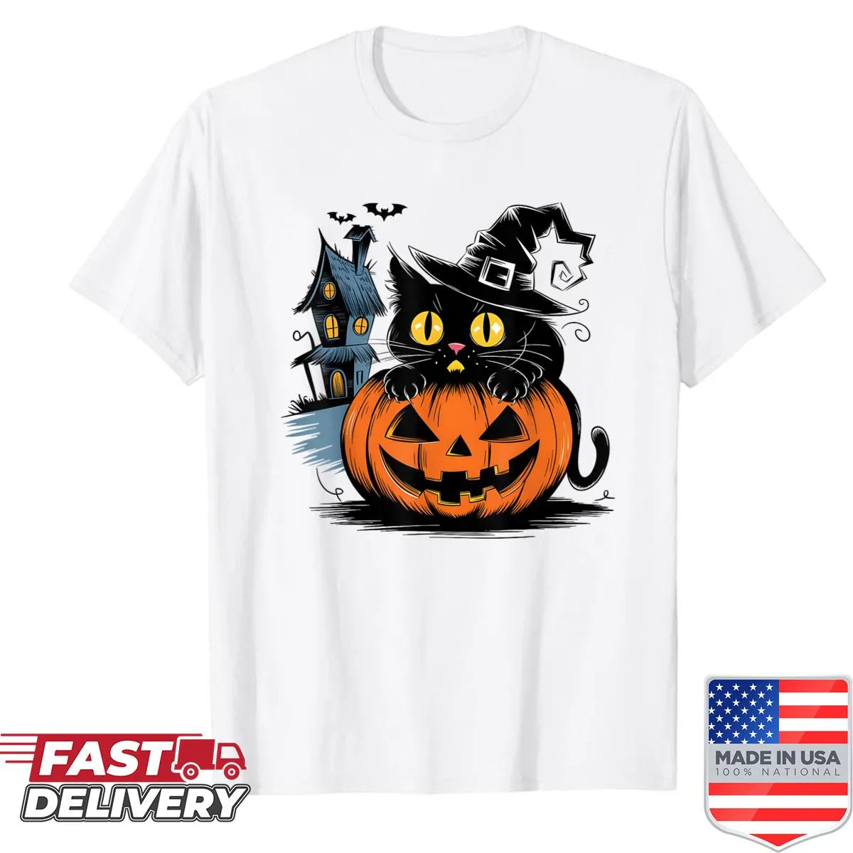 Black cat and pumpkin graphic for Halloween shirt