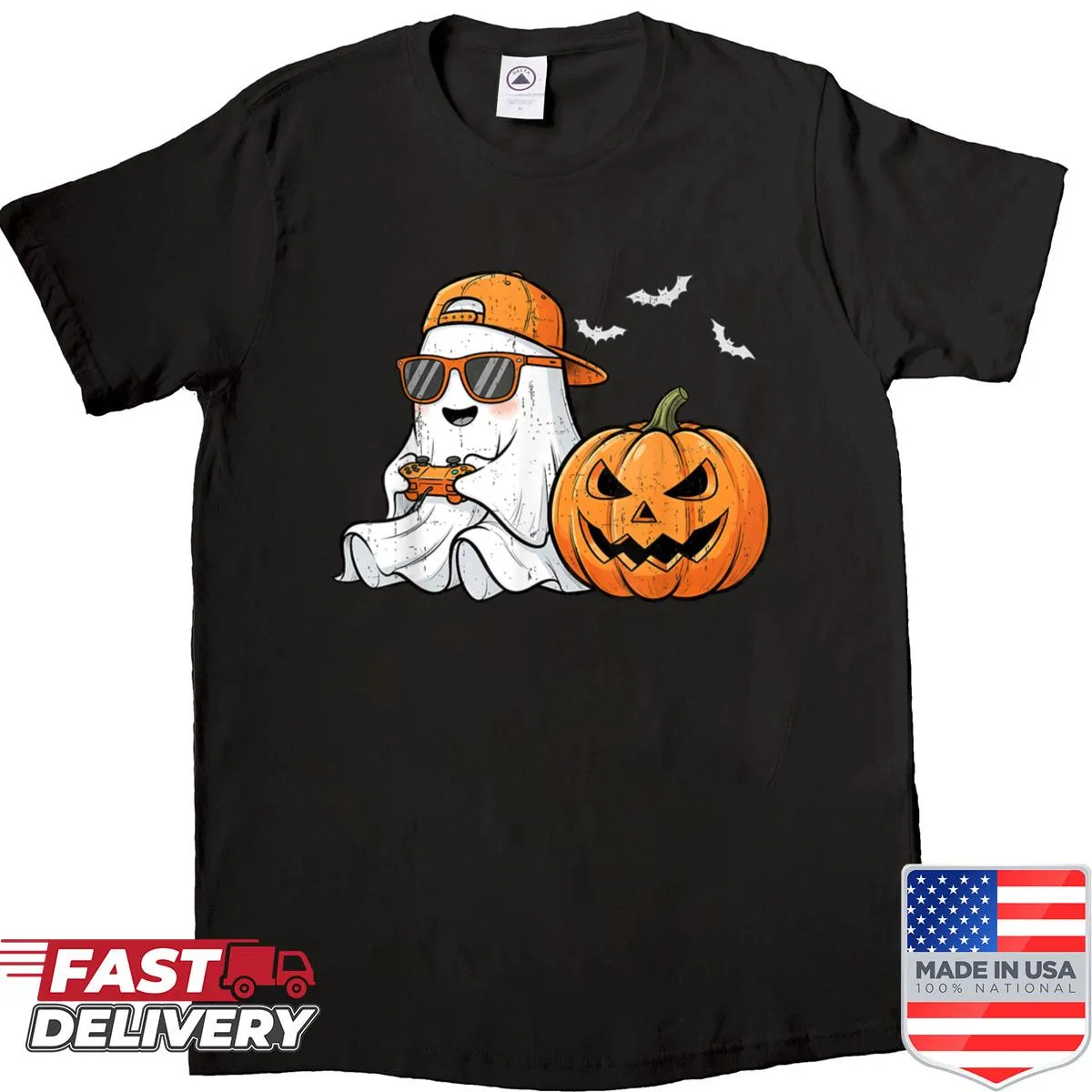 Cartoon ghost with sunglasses and gaming elements for Halloween