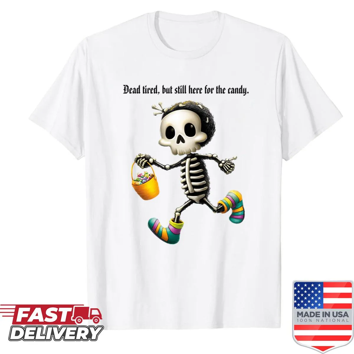 Cute cartoon skeleton with candy bucket for Halloween shirt