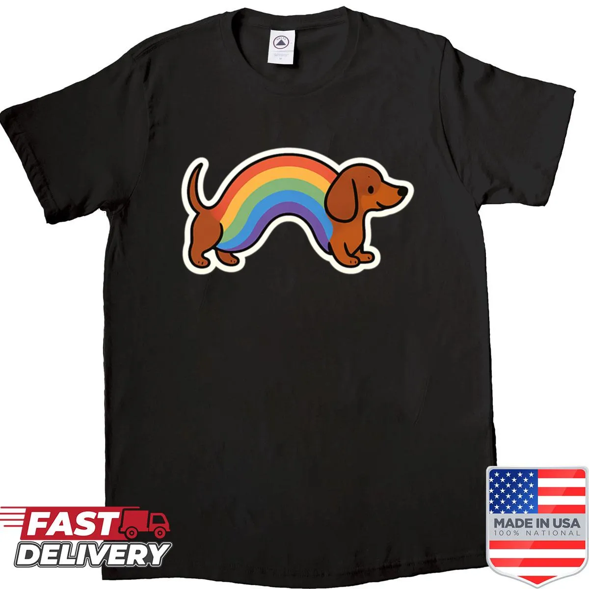 Cartoon dachshund design in a rainbow sticker style shirt.