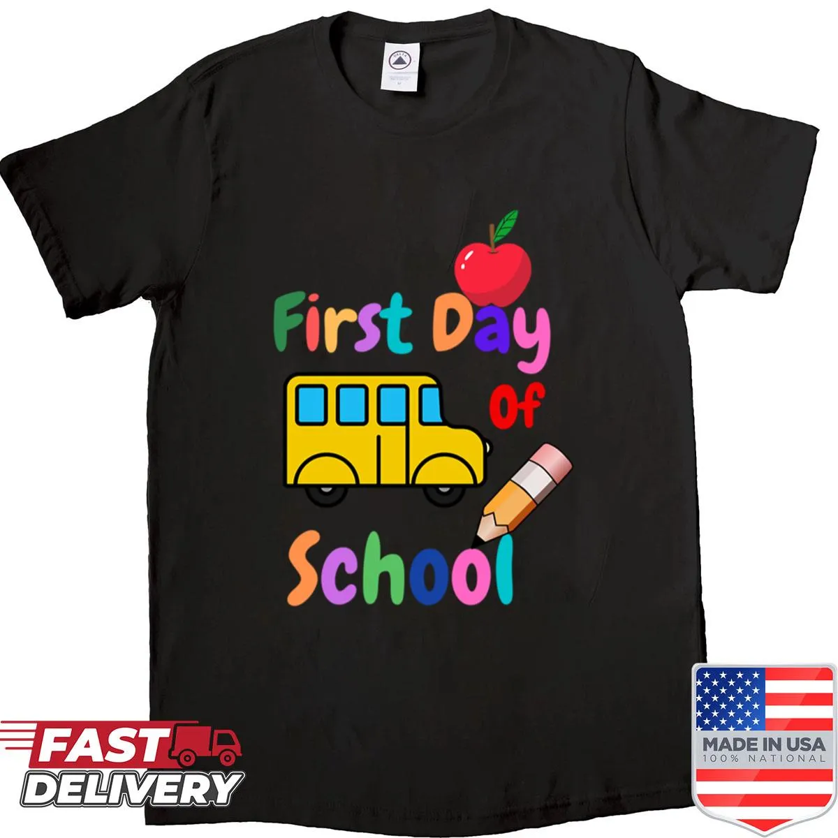 Cute shirt celebrating the first day of school with fun illustrations