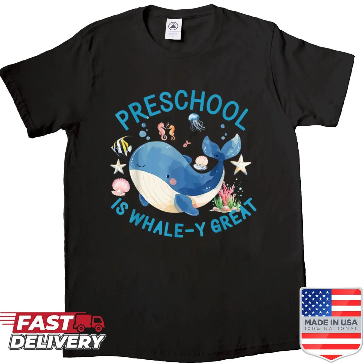 Funny preschool teacher shirt featuring a whale graphic and playful text.
