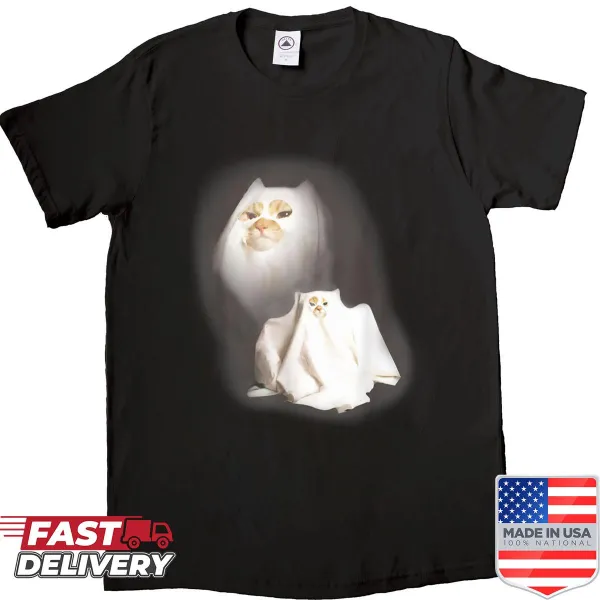 Cartoon wizard cat and ghost graphic on a Halloween shirt.