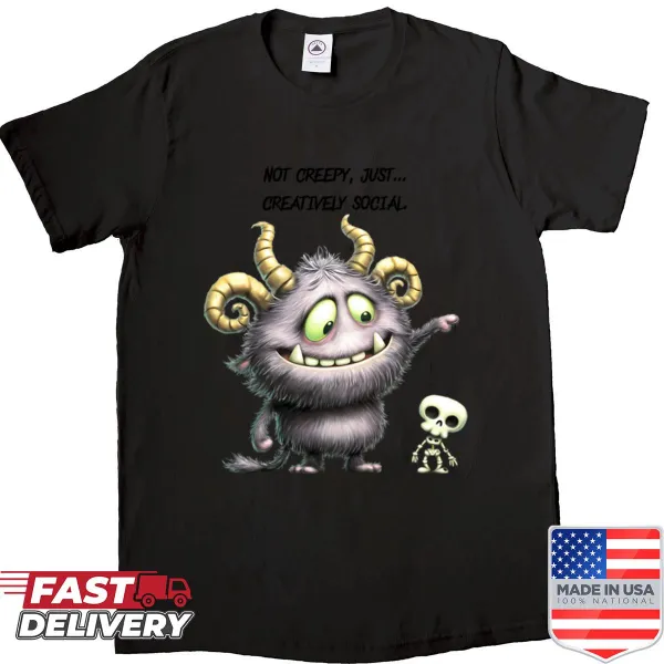 Cute furry monster holding a skeleton puppet illustration on shirt