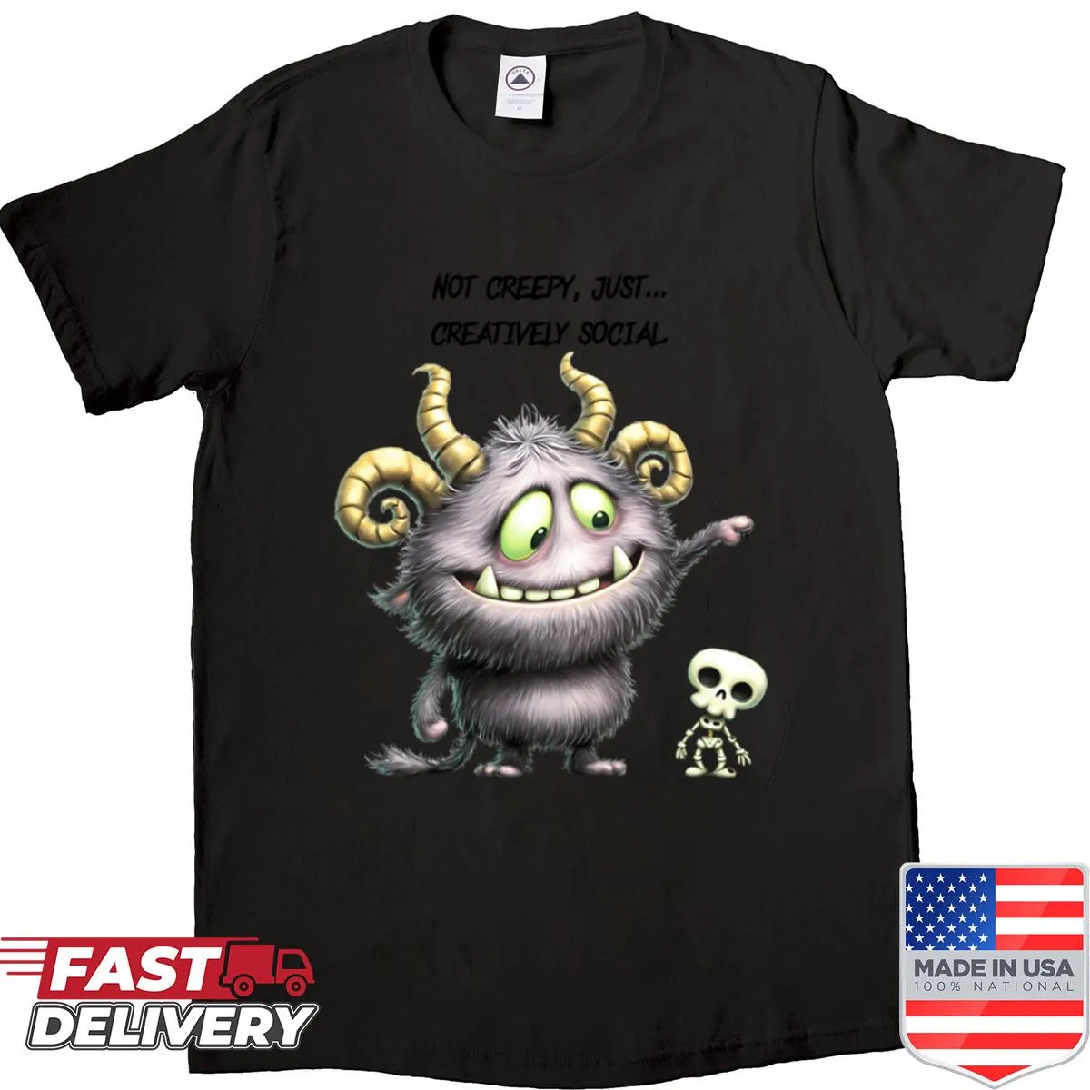 Cute furry monster holding a skeleton puppet illustration on shirt