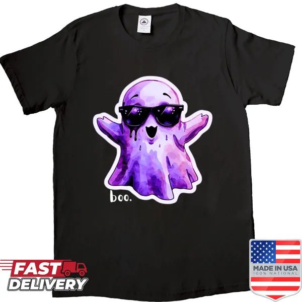 Cartoon ghost wearing sunglasses on a casual shirt