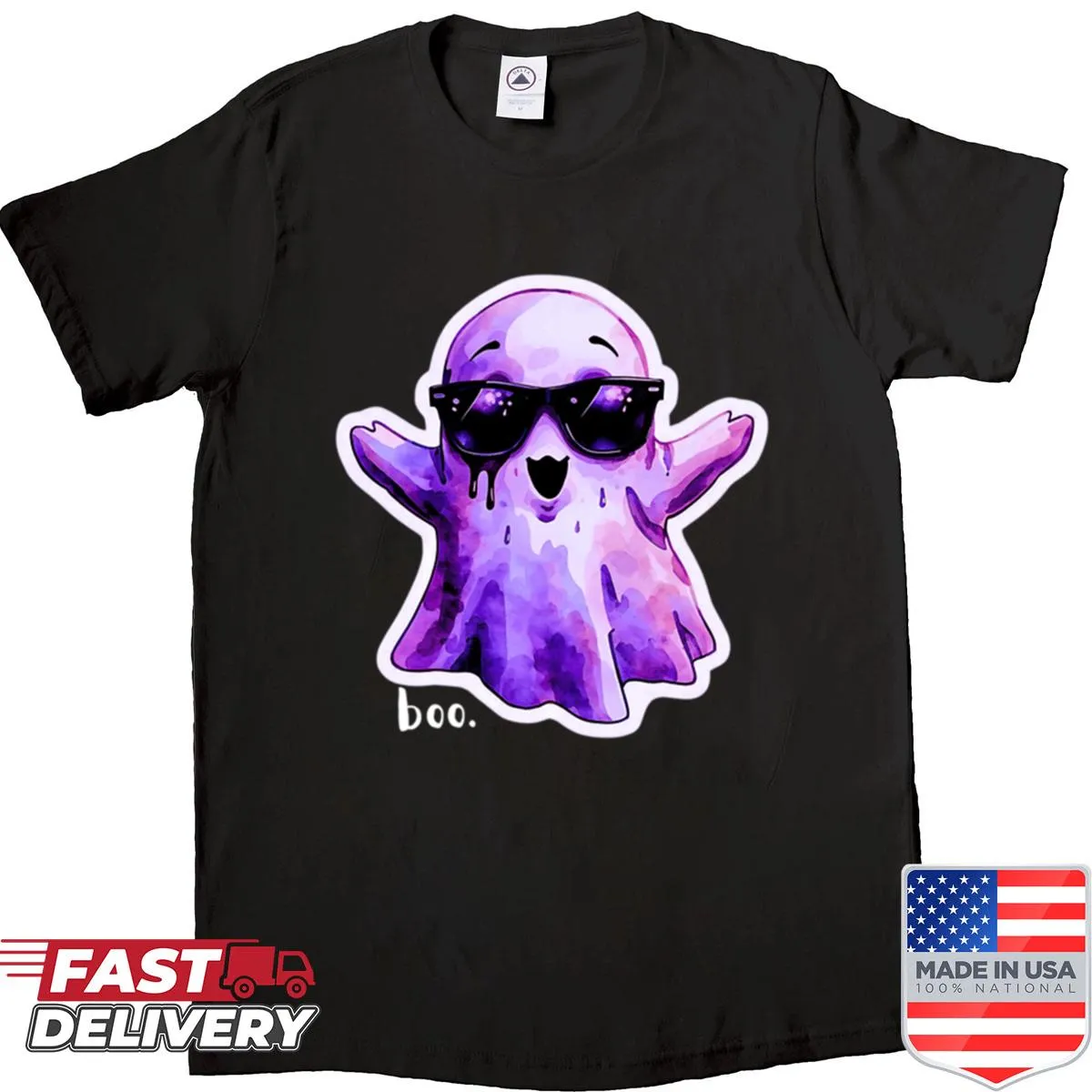 Cartoon ghost wearing sunglasses on a casual shirt
