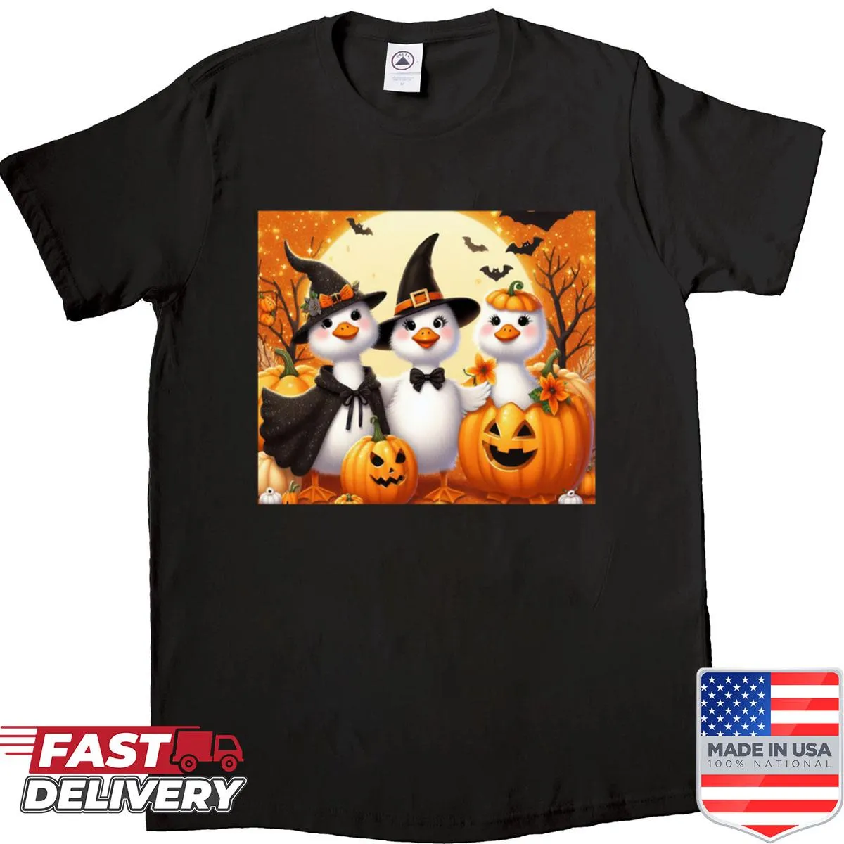 Oversized shirt with a silly goose witch and pumpkin design