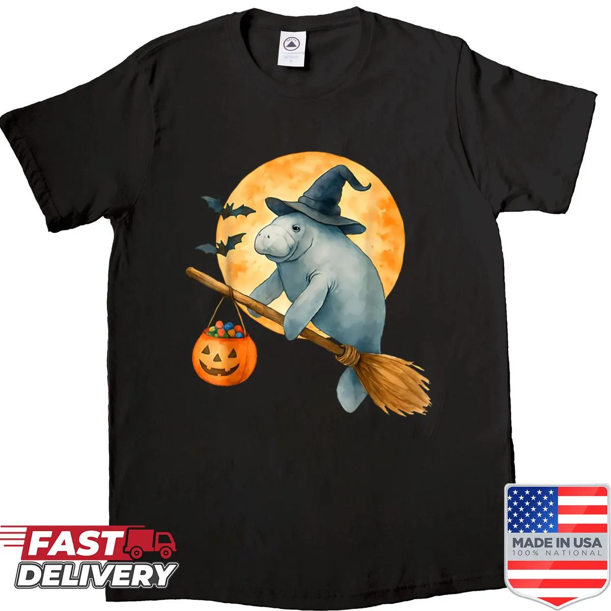 Illustration of a cute manatee wearing a witch hat and pumpkin for Halloween