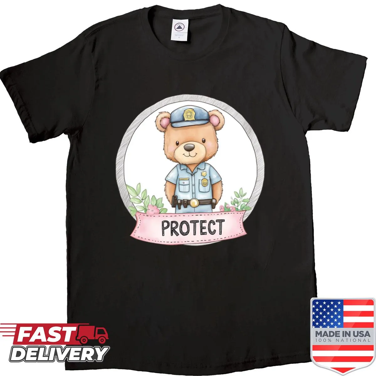 Cartoon bear in police uniform on a shirt, showcasing a playful design