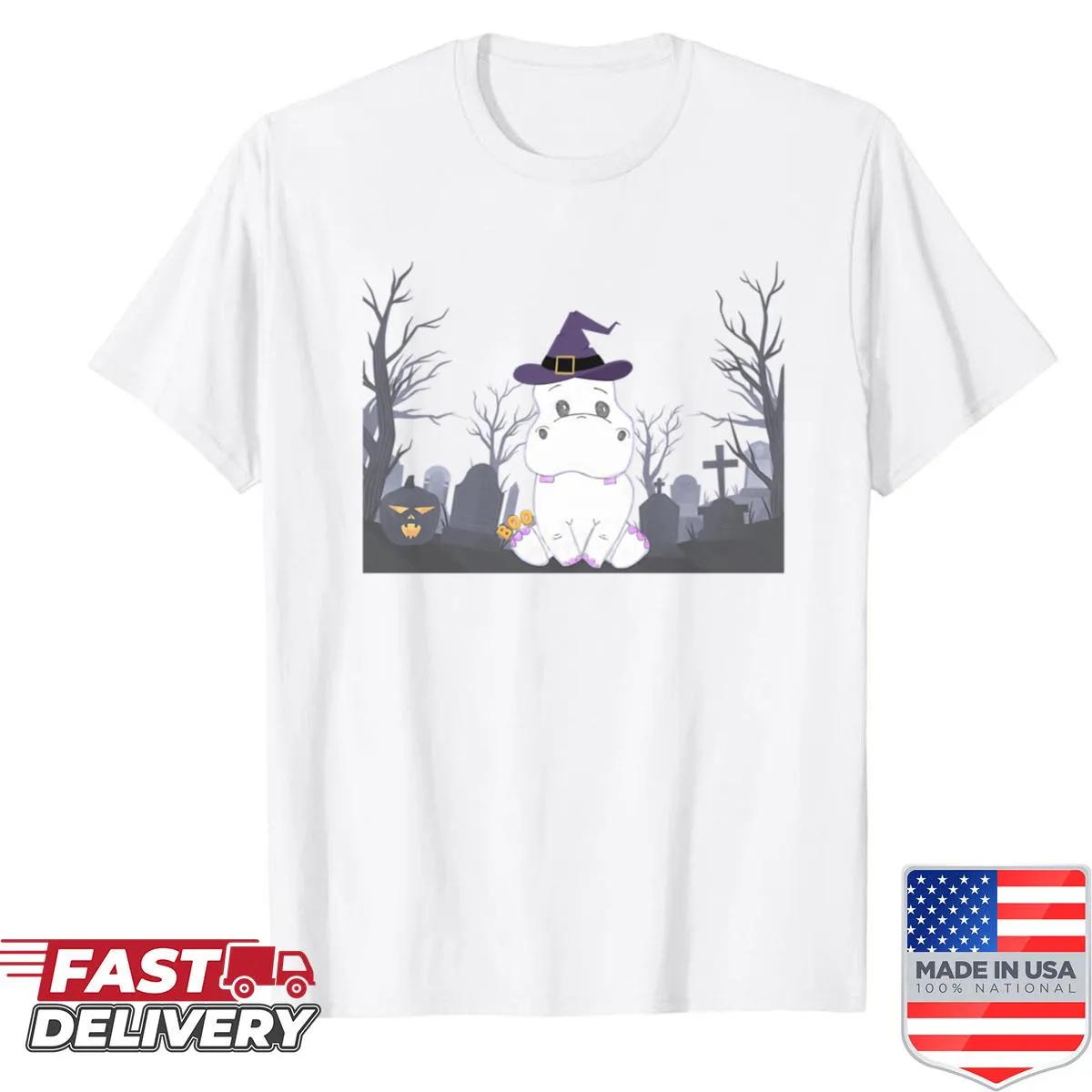 Cute hippo ghost with witch hat graphic t-shirt