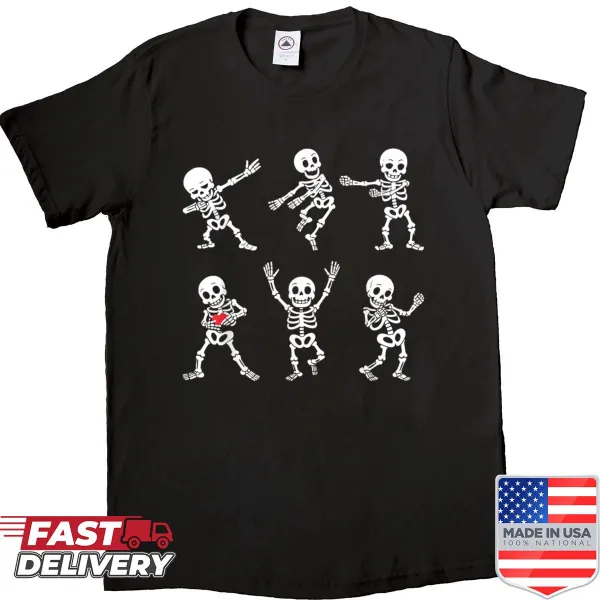 Dancing skeleton dab dance graphic on a kids' Halloween shirt